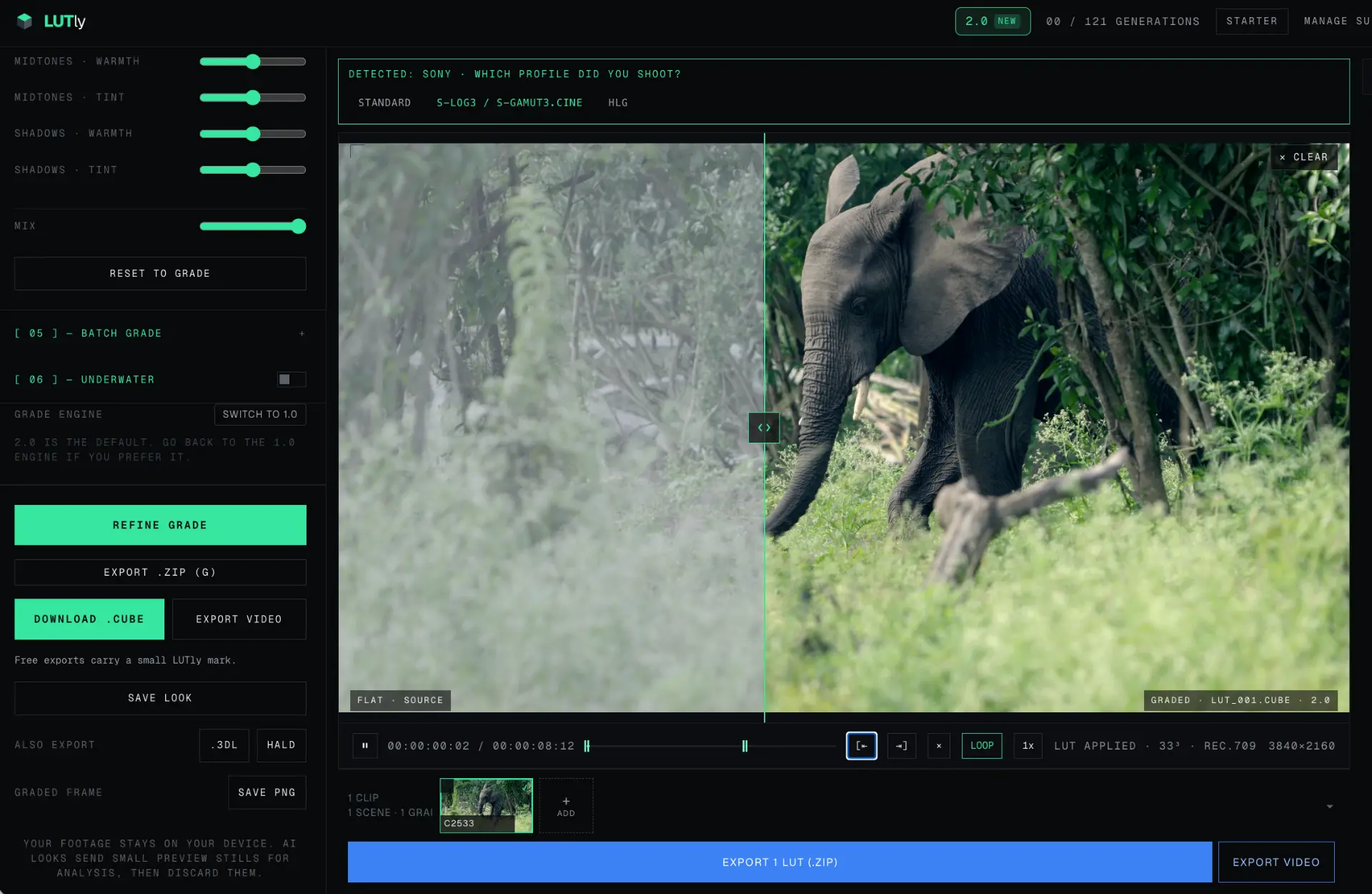 LUTly showing an elephant clip before and after grading. Export video is beside Export 1 LUT beneath the viewer.